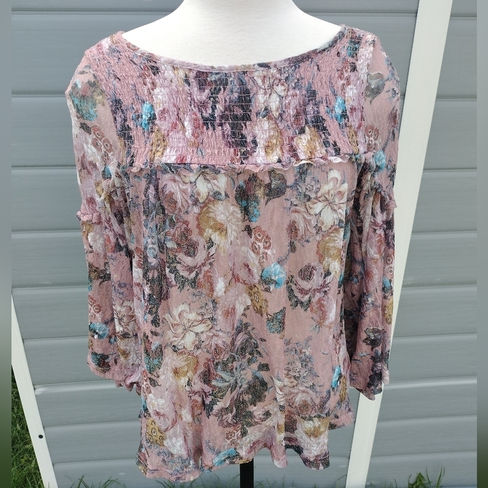 Anthropologie Akemi Kin Women Top Sz S Pink Floral Smocked Flare Sleeve Overlay - Picture 2 of 8